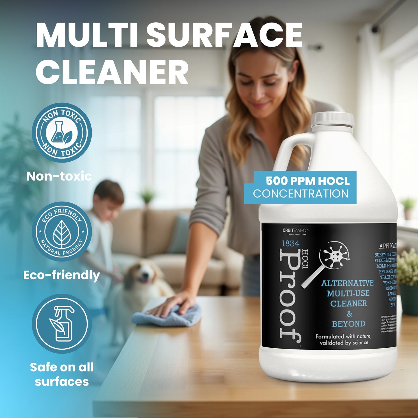 OrbitEnviro Hypochlorous Acid Sanitizer Cleaner | HOCl 500 PPM  |  Multi-Surface Cleaner for Home, Gym, Office & Pets | 1 Gallon
