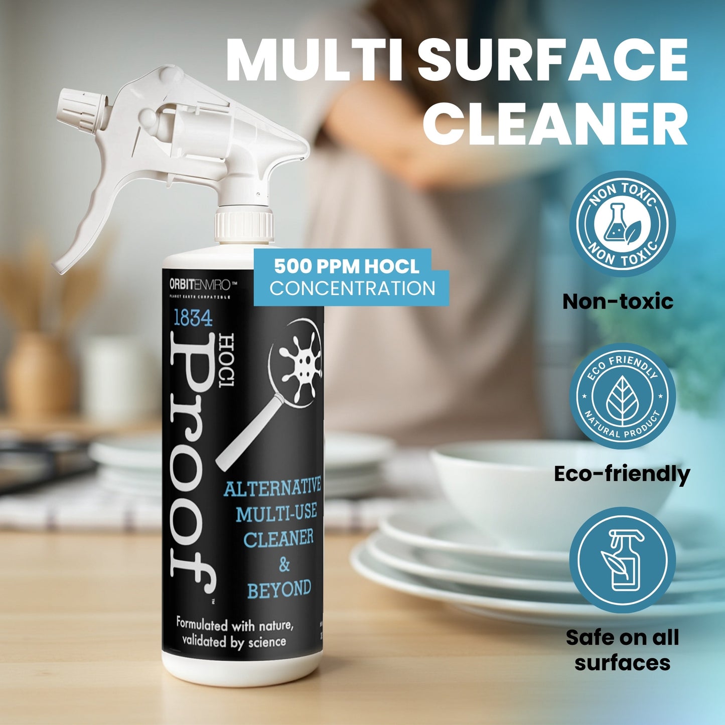 OrbitEnviro Hypochlorous Acid Sanitizer Cleaner | HOCl 500 PPM | Multi-Surface Sanitizer Cleaner for Home, Gym, Office & Pets | 32 fl oz