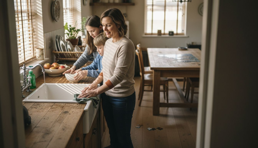 Family using natural cleaning products in kitchen