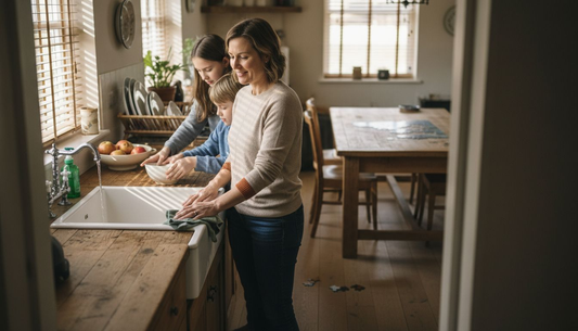 Family using natural cleaning products in kitchen