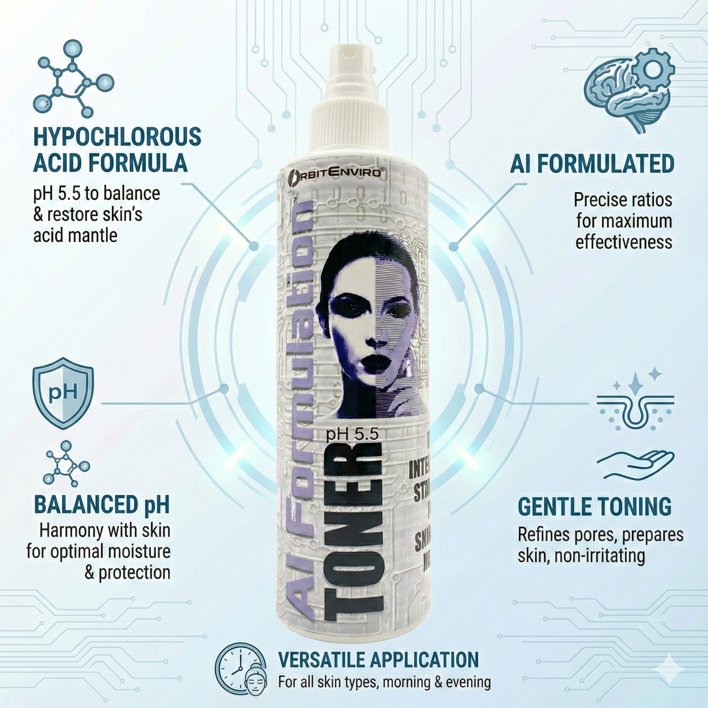 Pure HOCl Skin Toner - Hypochlorous Acid Facial Mist - pH 5.5 - Acne & Sensitive Skin - 8 oz
